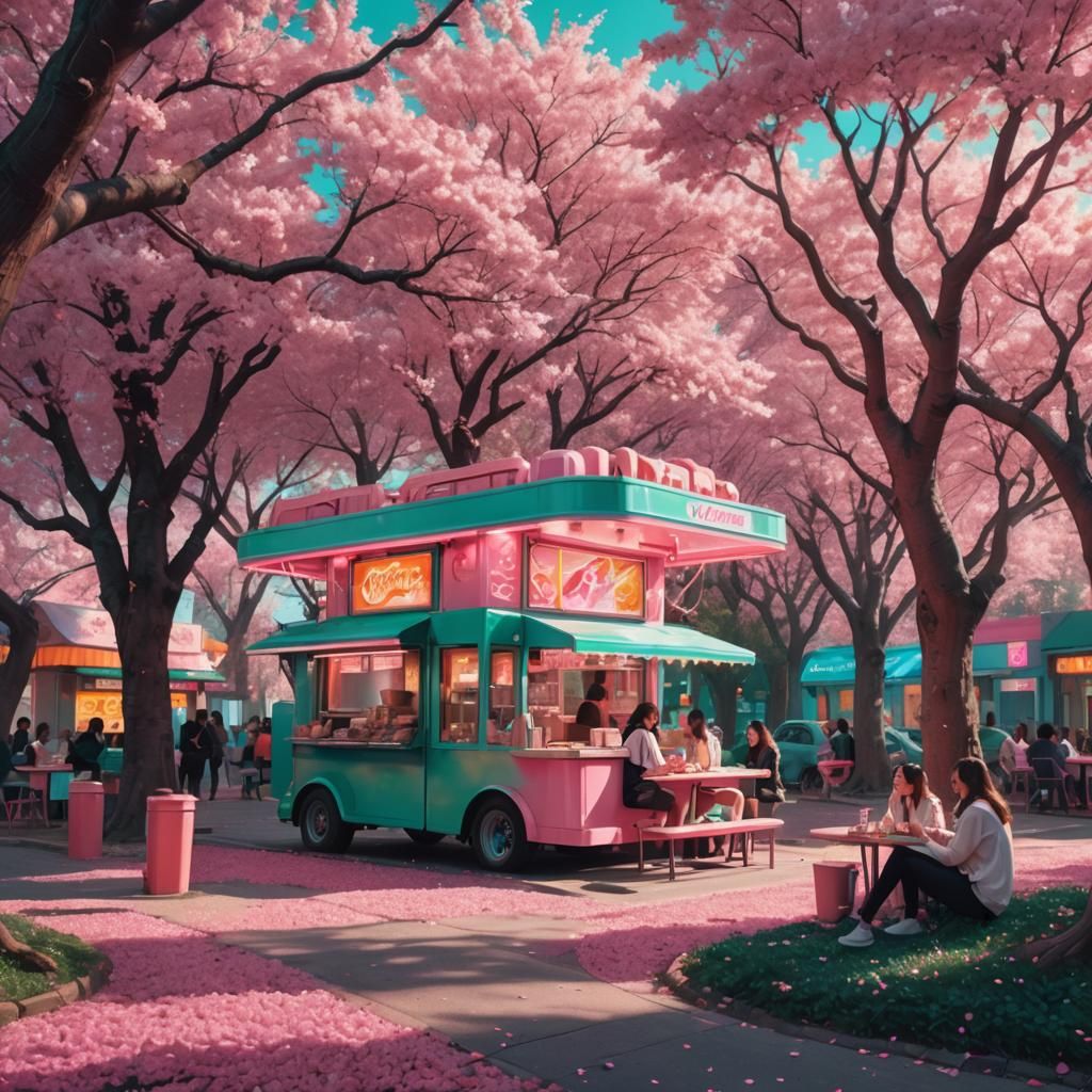 Girls Under Pink Trees: Dreamlike Fantasy Art