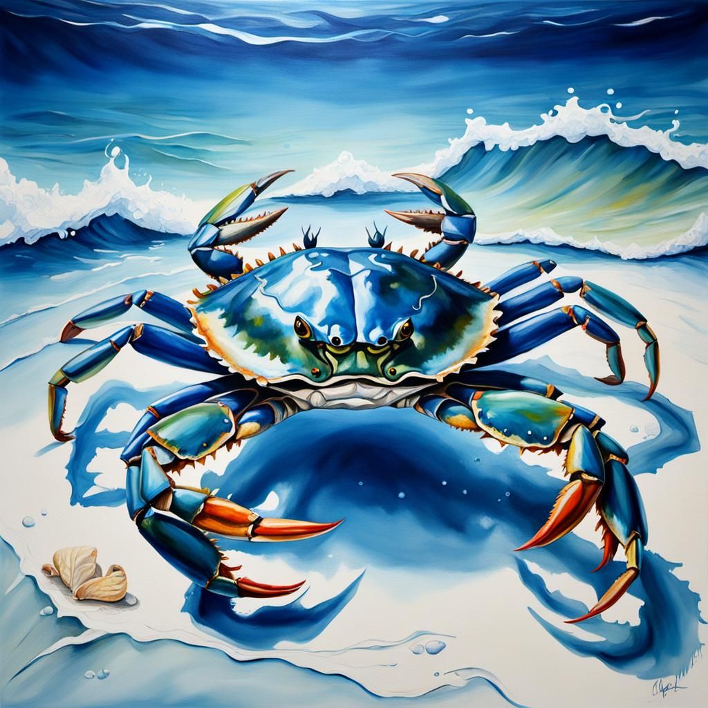 Hyperrealistic Blue Crab in Ocean, Oil Painting Style