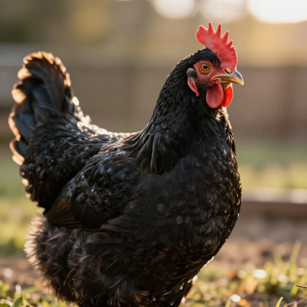 Hyperrealistic Black Chicken in Sunlit Farmyard