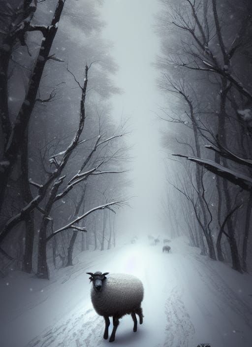Sheep and Wolf in Snowy Forest
