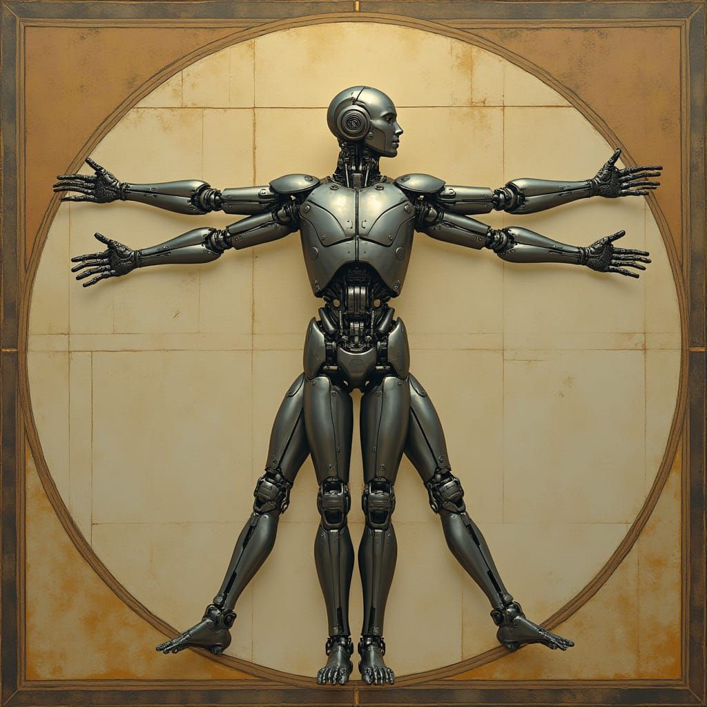 Robot in Vitruvian Pose, Blending Renaissance and Futuristic...
