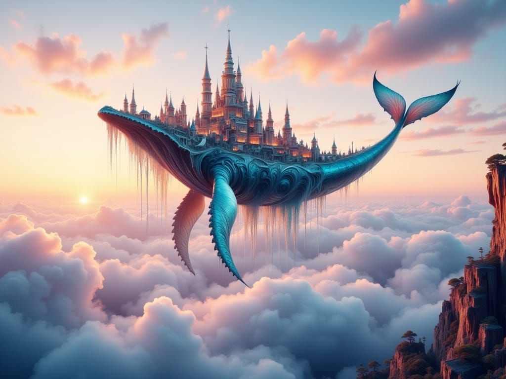 Iridescent Sky-Whale City at Sunset in Surreal Style