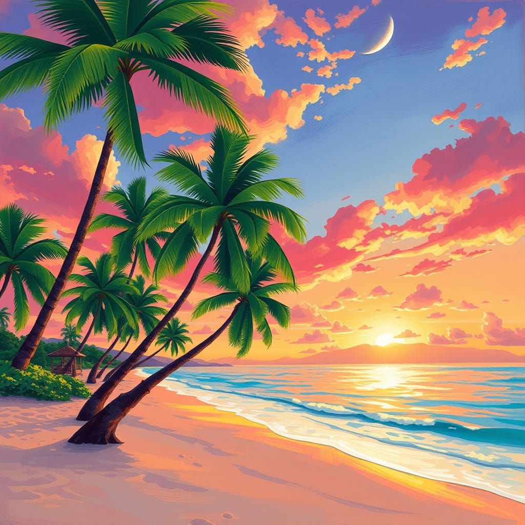 Tropical Sunset Paradise with Lush Palm Trees