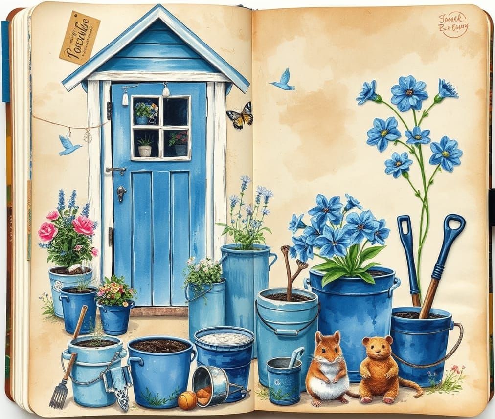 Whimsical Blue Garden Scene in Dreamy Impressionist Collage