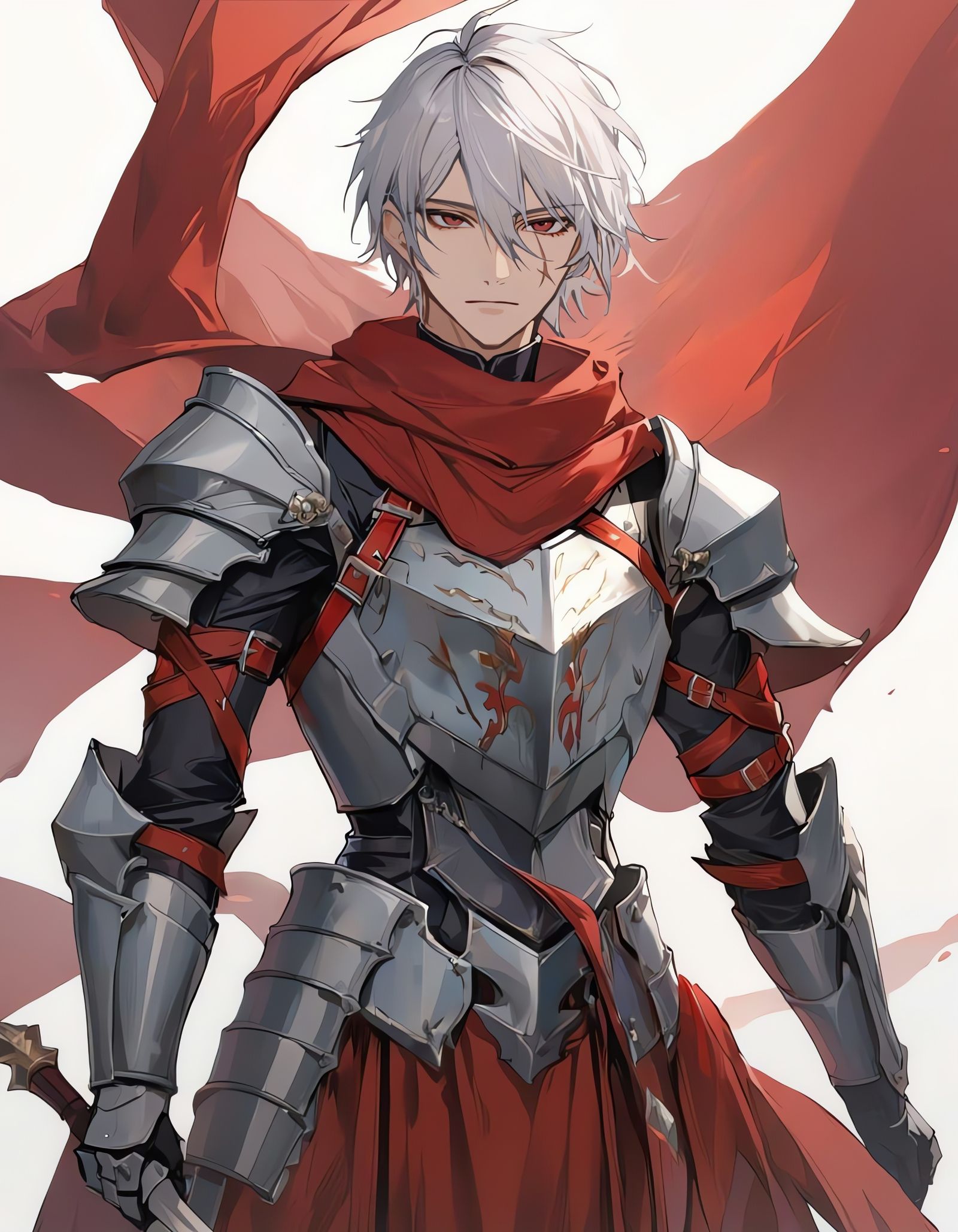 White-Haired Knight with Red Eyes and Sword