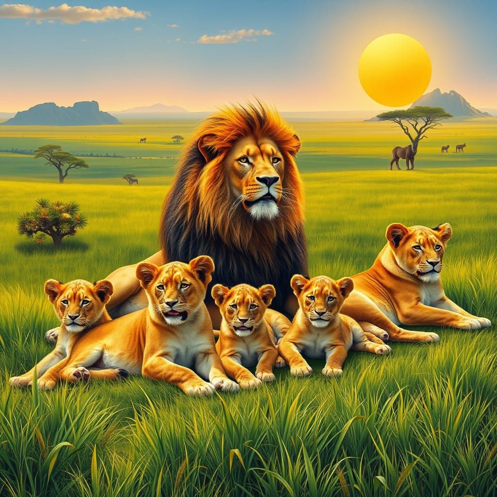 Wildlife Realism Painting of Lions in African Savannah