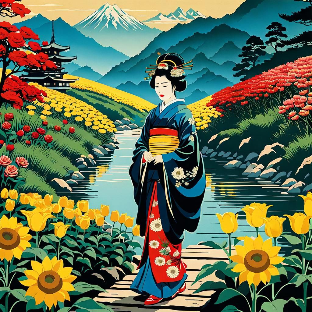 Geisha in Ukiyo-e Style Garden