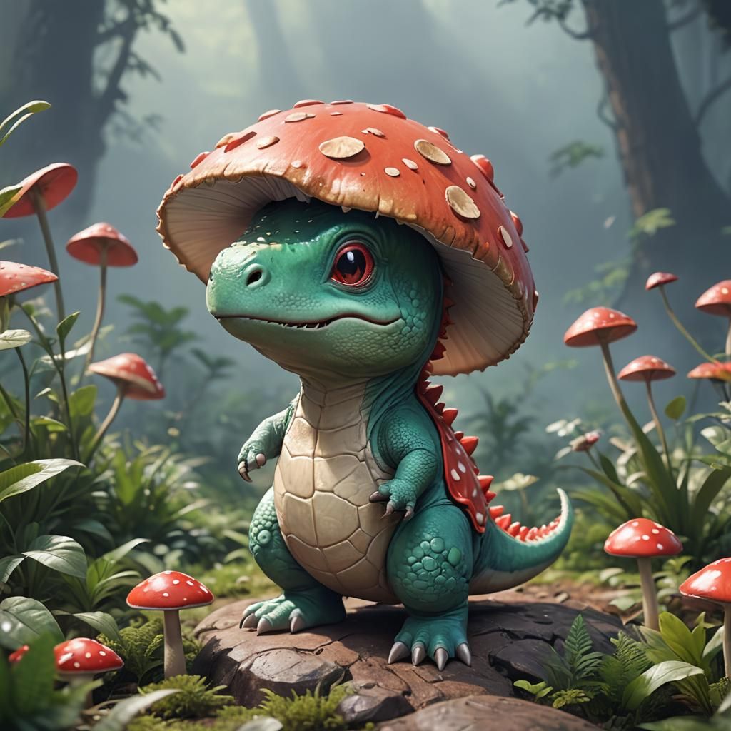 Cute Dino with Mushroom Hat in 3D Anime Art