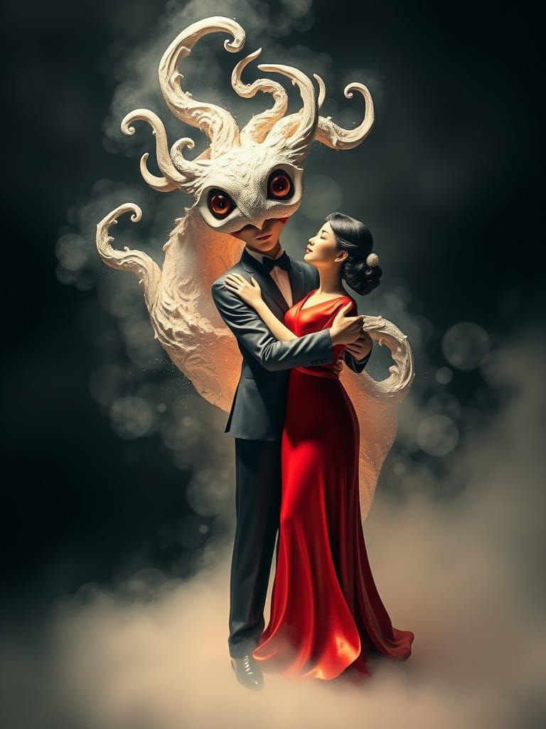 surreal man asian woman hugging sculpture . abstract creatur...