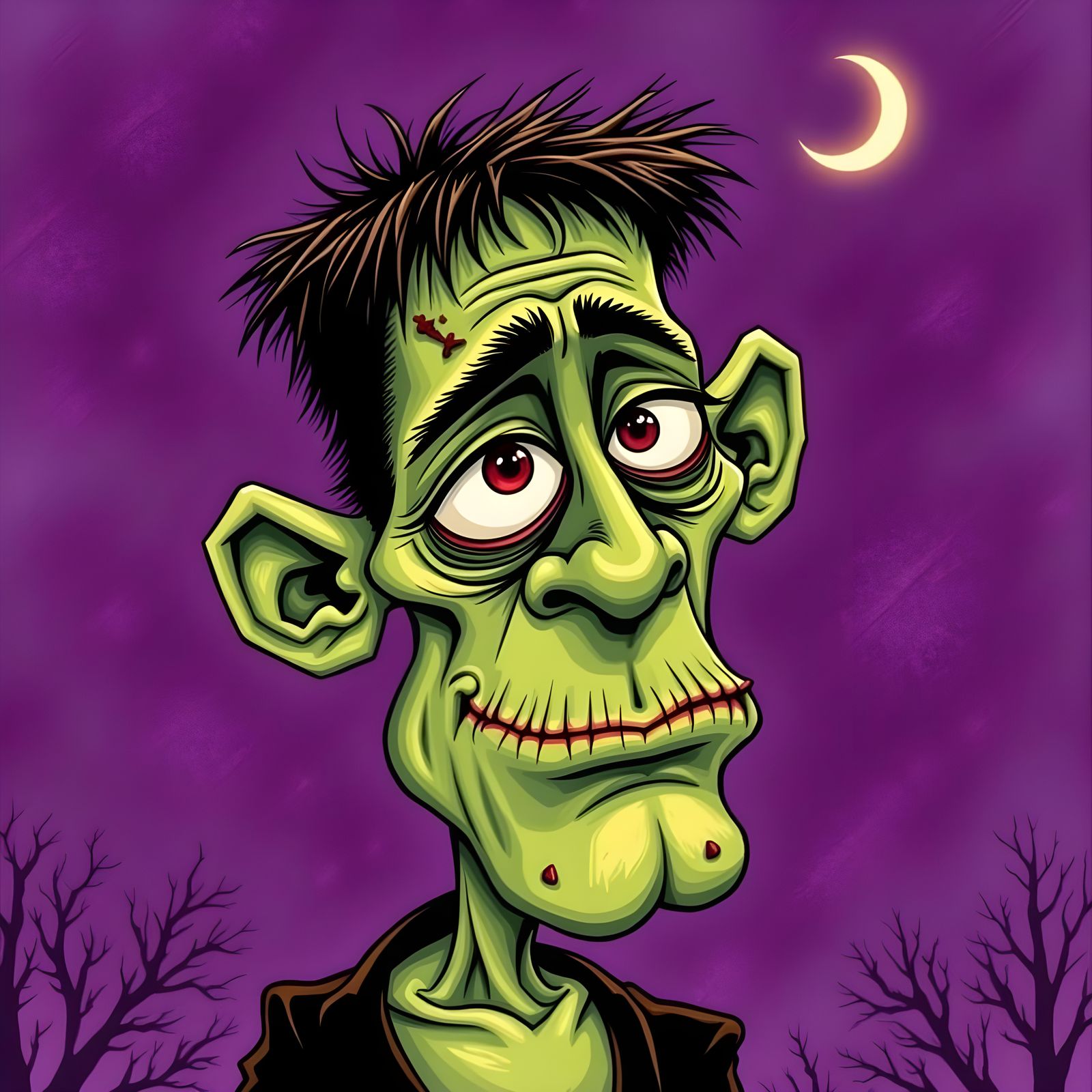 Whimsical Frankenstein Monster Caricature in Vibrant Colors