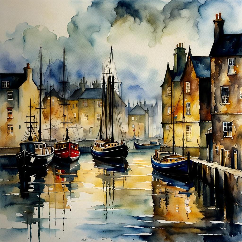 Modern Harbour in Wet-on-Wet Watercolor