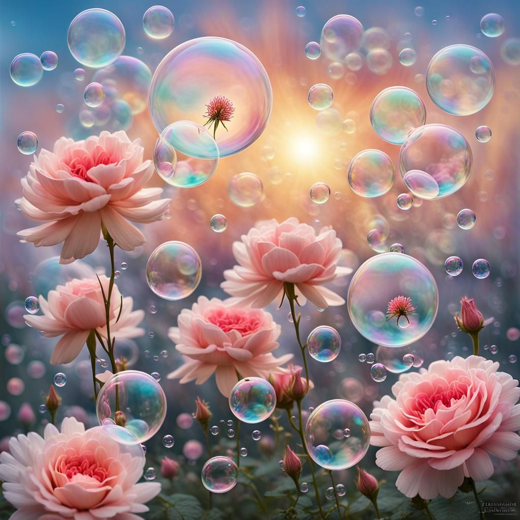 Flowers are blooming within numerous bubbles!