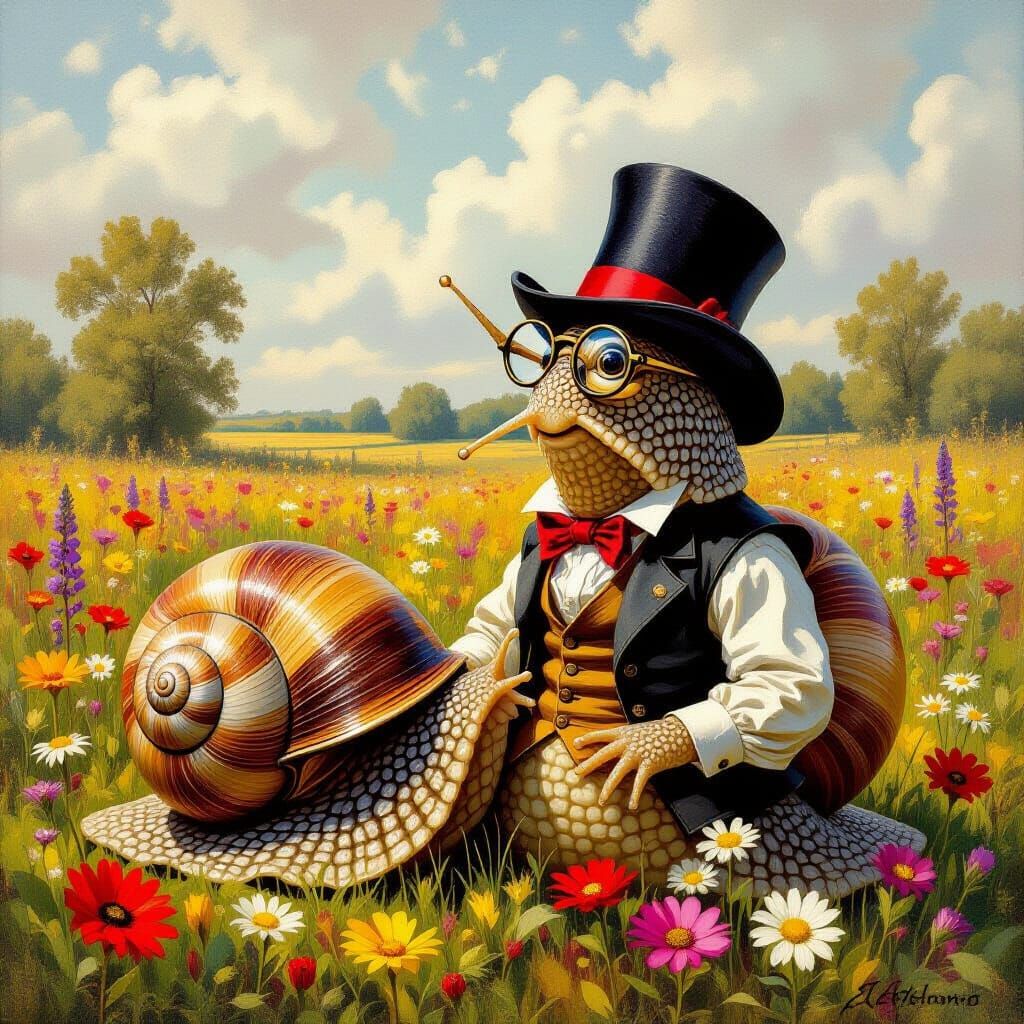Wise Snail in Spectacles Contemplating Nature