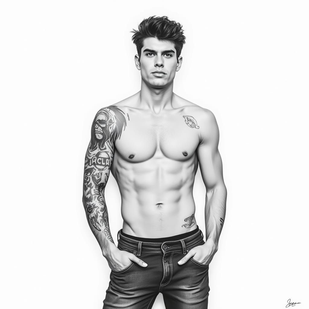 Seductive Male Pinup Illustration in Black and White