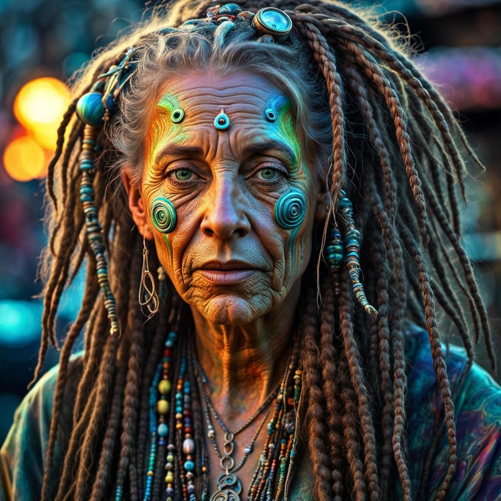 Psychedelic Portrait of Woman with Dreadlocks