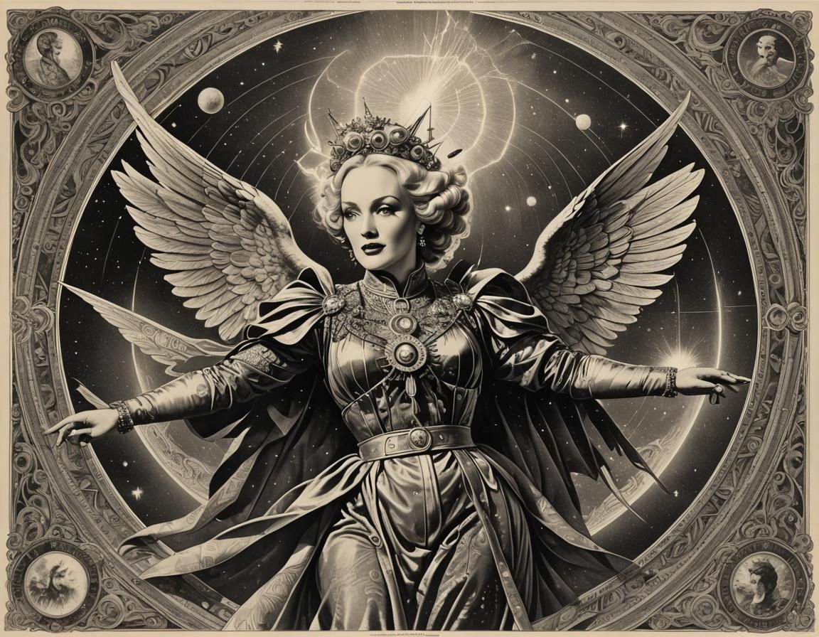Marlene Dietrich as Winged Angel in Steel Engraving