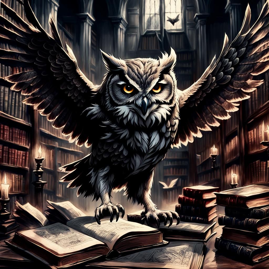 Owl Between Wolves in Gothic Library, Dark Academia Art