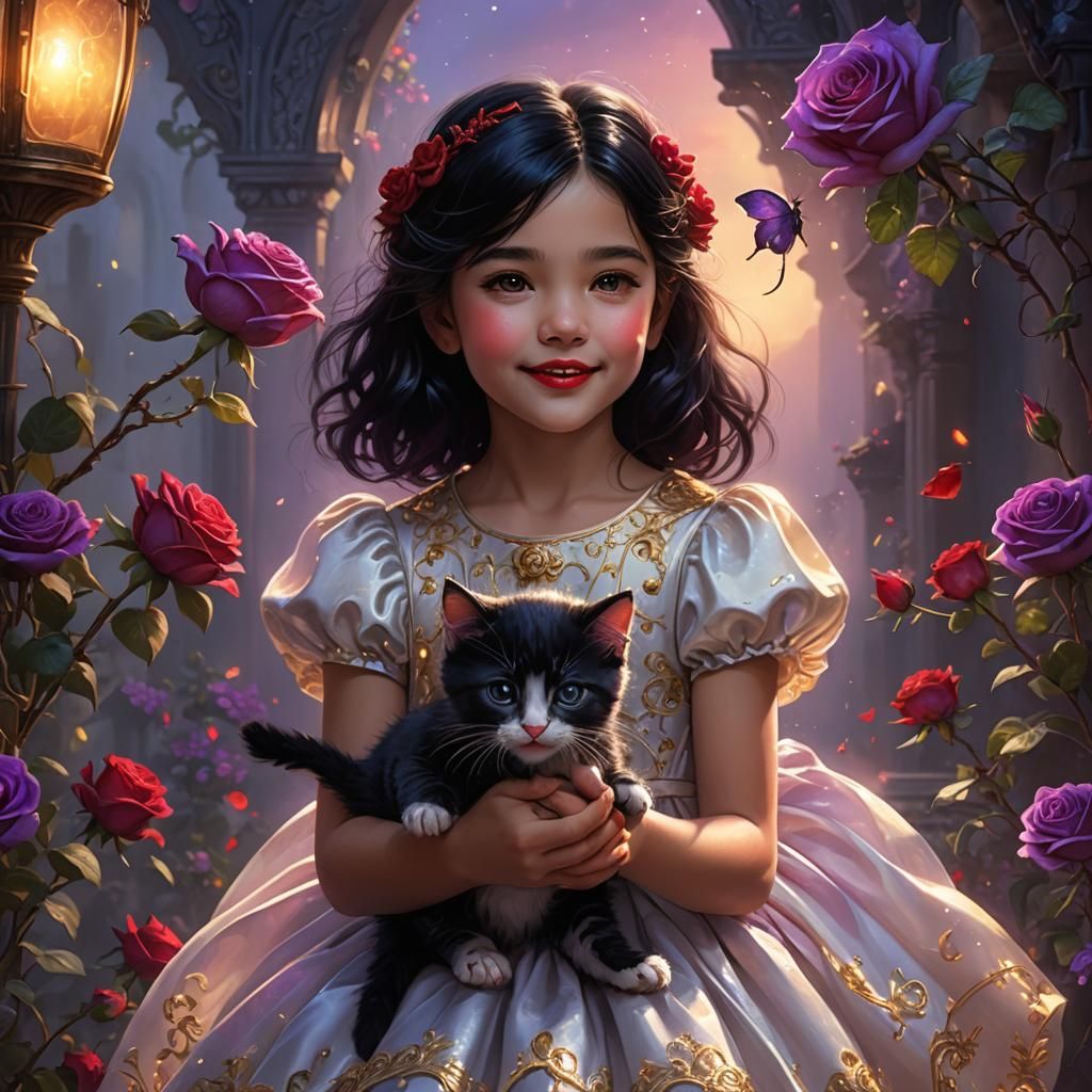 Happy Girl with Kitten in Digital Painting