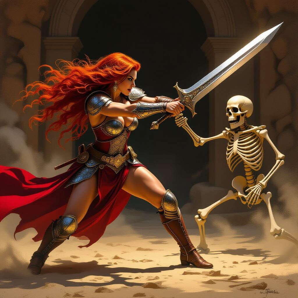 Red-Haired Barbarian Battles Skeleton Warrior