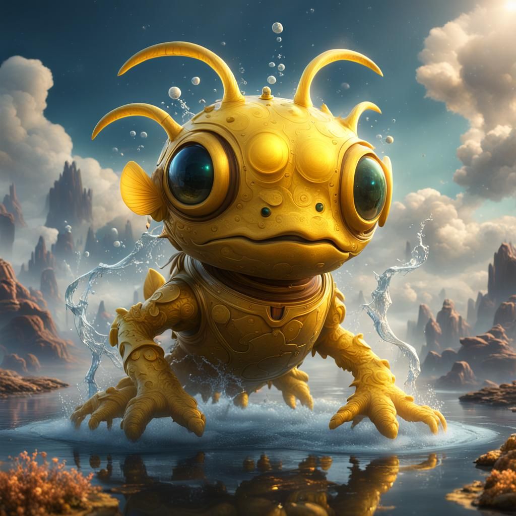 Friendly Yellow Water Creature in Illuminated Clouds