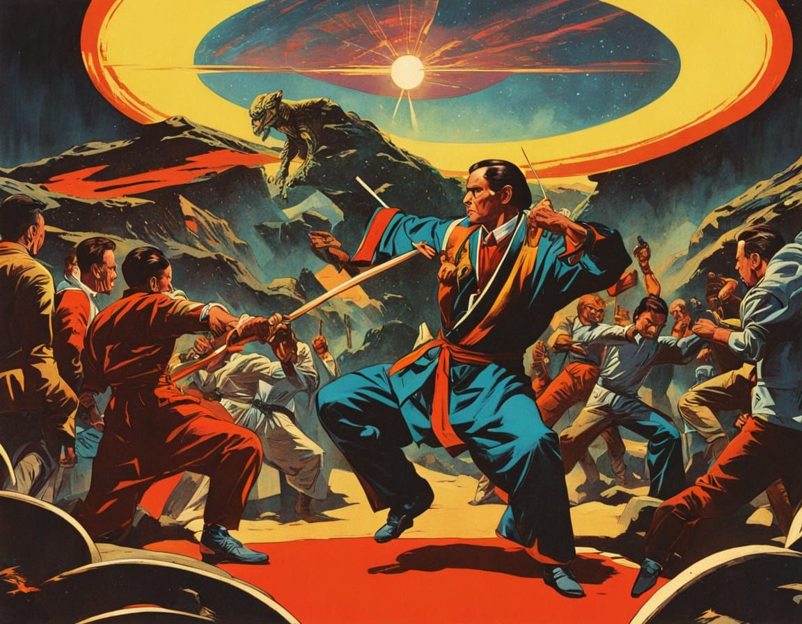 Vintage Pulp Art Kung Fu Master Teaching Students
