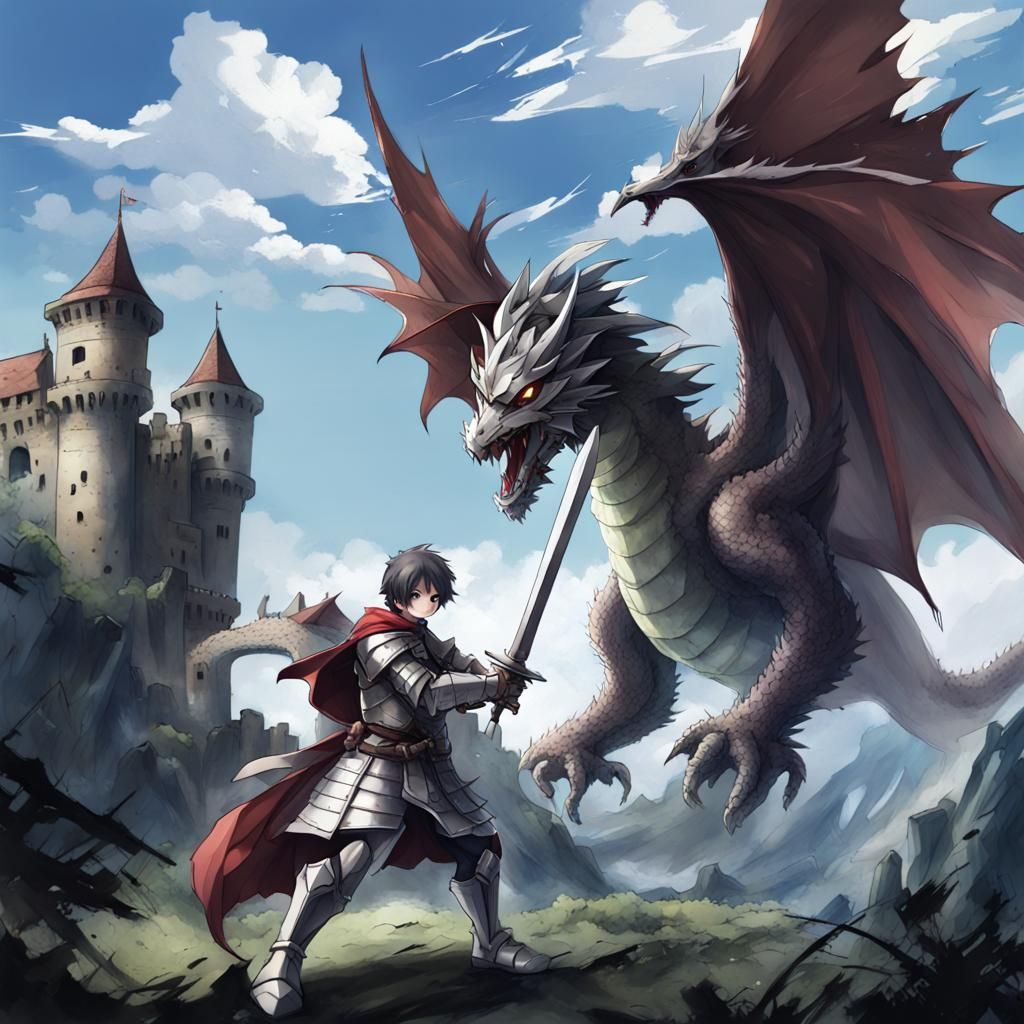 Knight and Dragon Battle in Anime Style