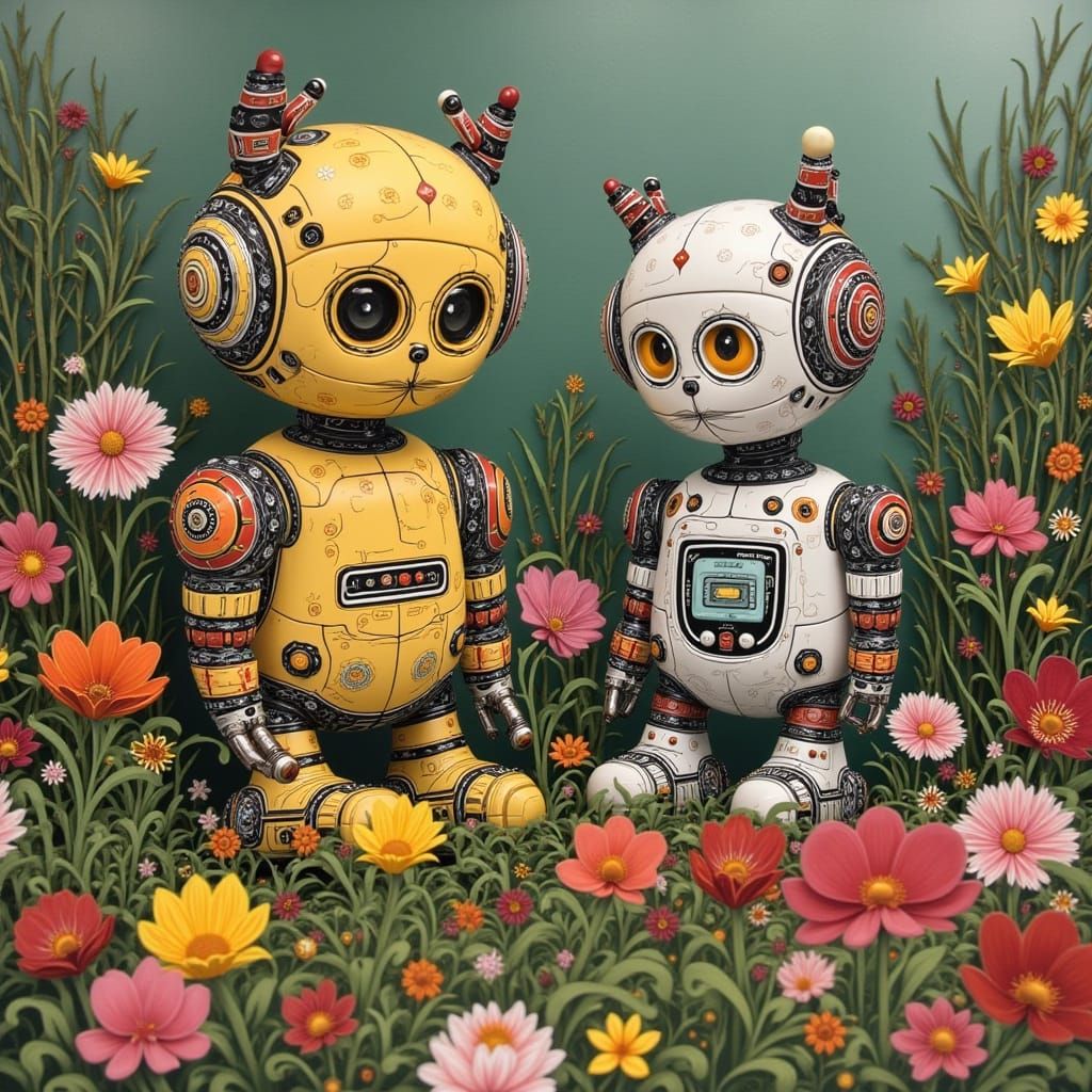 Cute Robots in Flower Garden, Haida Style