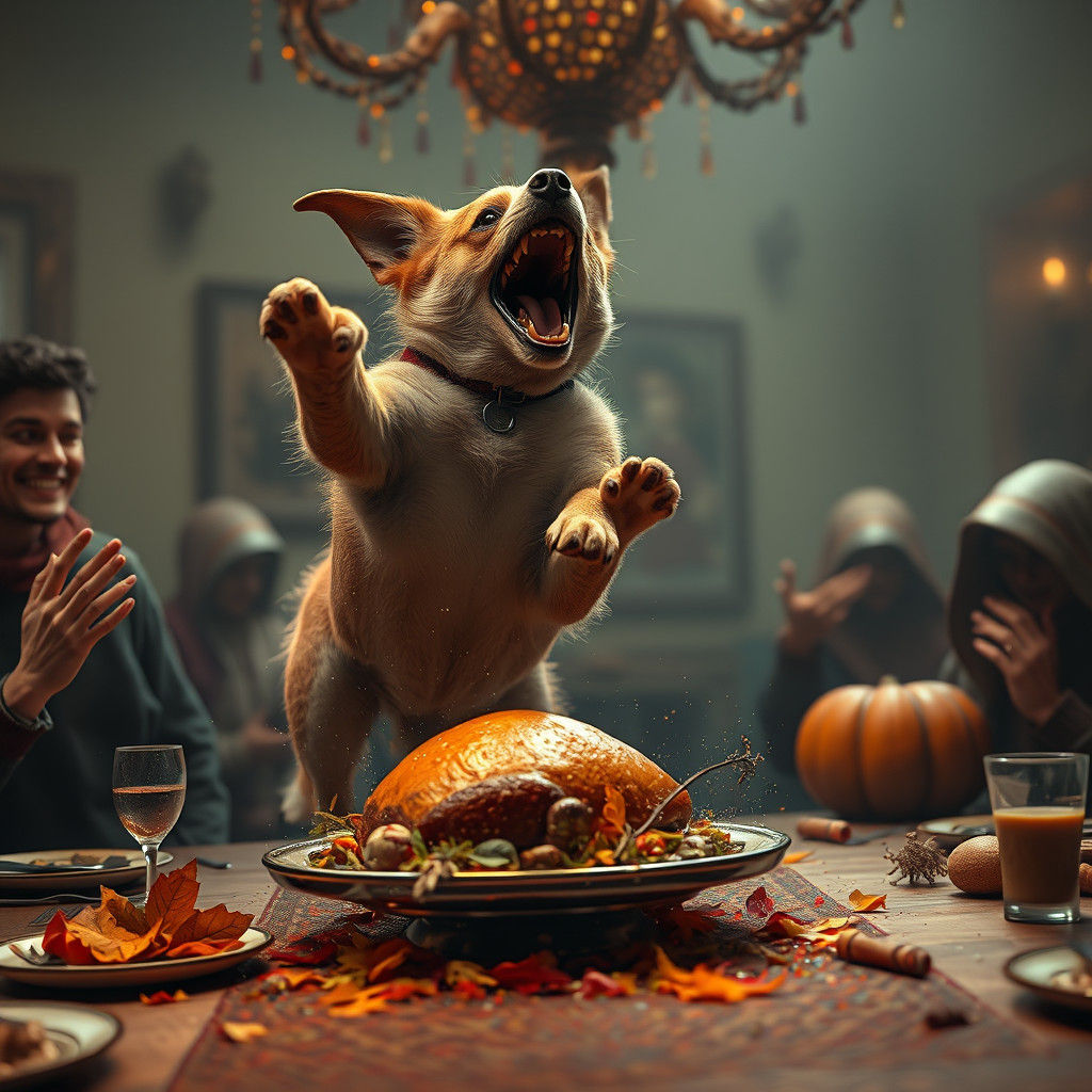 Dog Steals Thanksgiving Turkey in Detailed Matte Painting