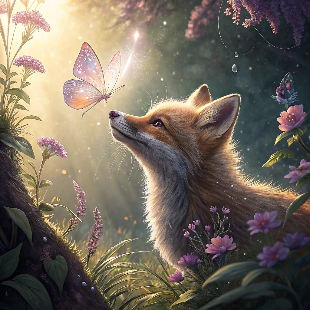 Crystal Butterfly and Fox in Whimsical Garden