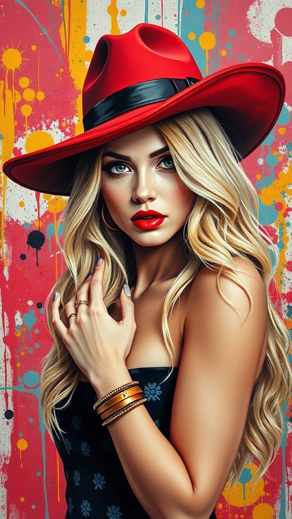 Sensuous Woman in Red Hat, Polychromatic Street Art Style