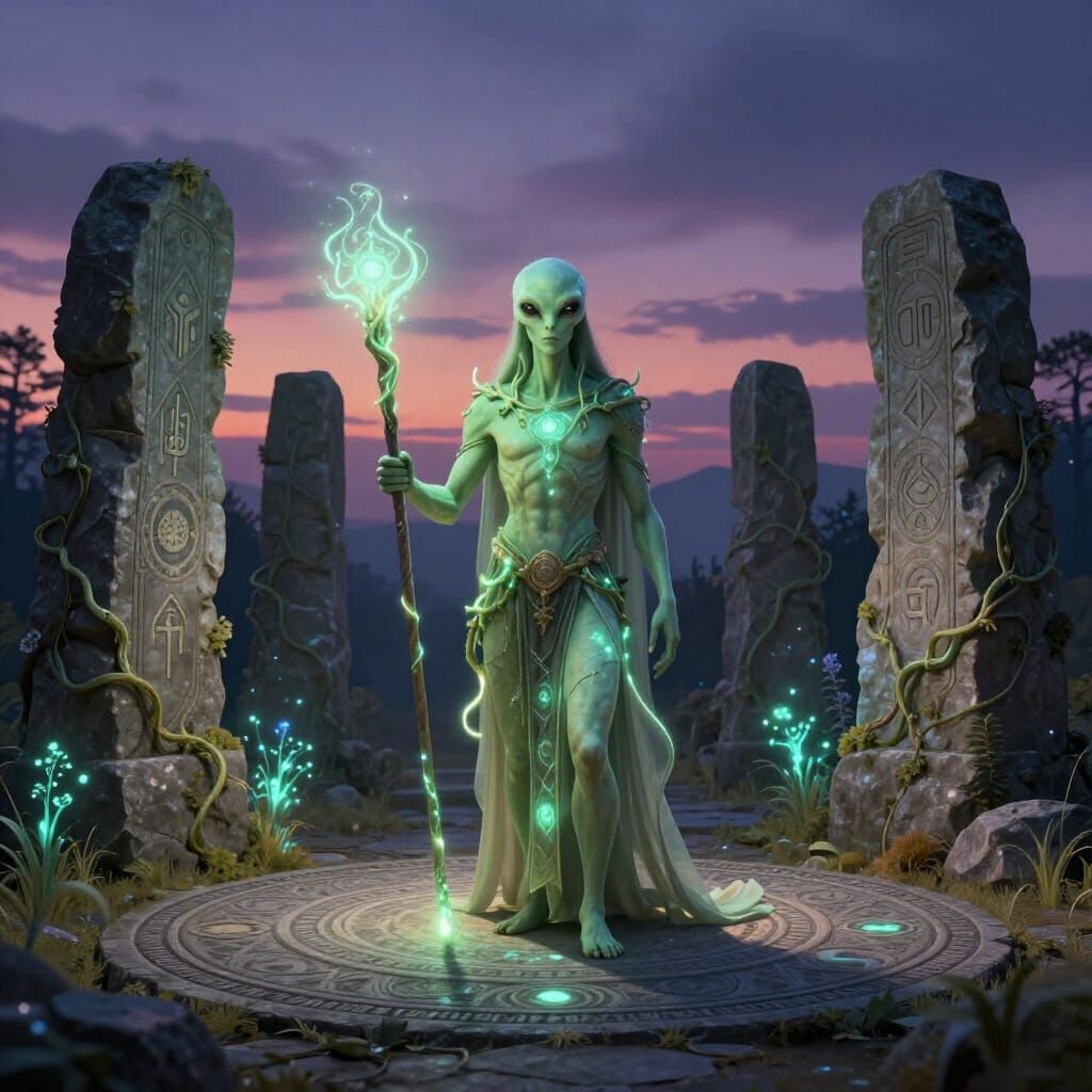 Alien Druid at Mystical Stone Circle in Twilight