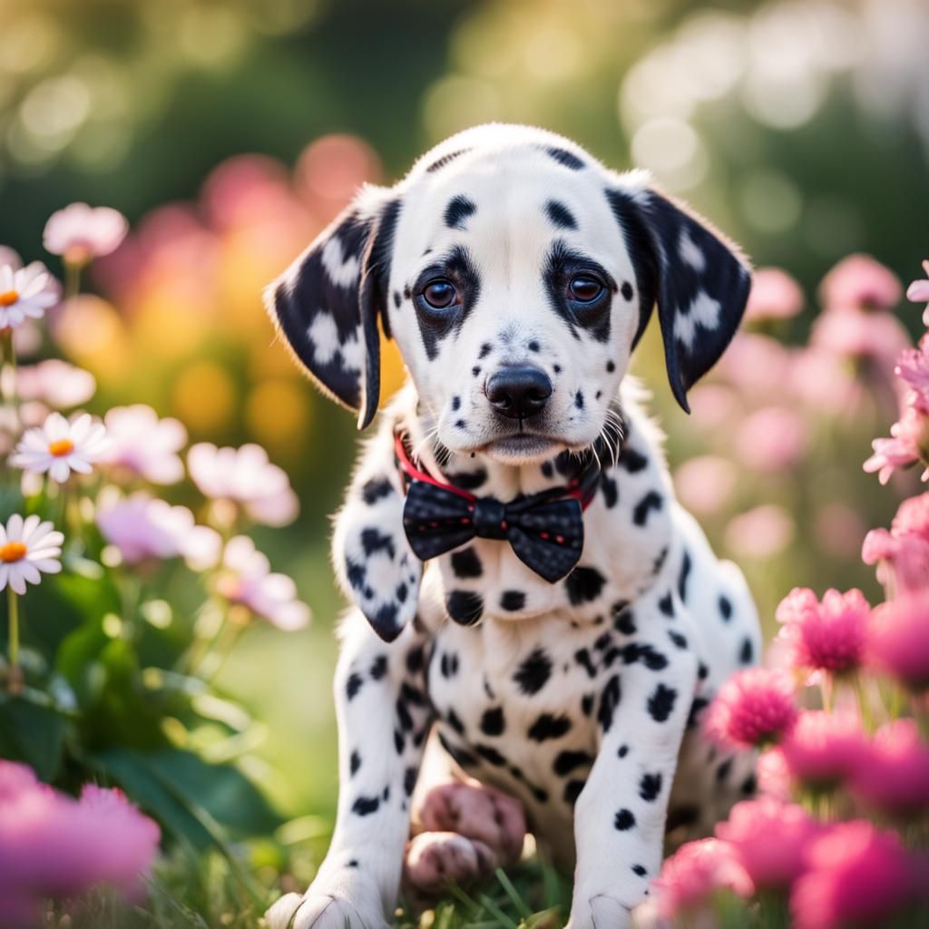 Adorable Dalmatian Puppy Portrait in Colorful Garden