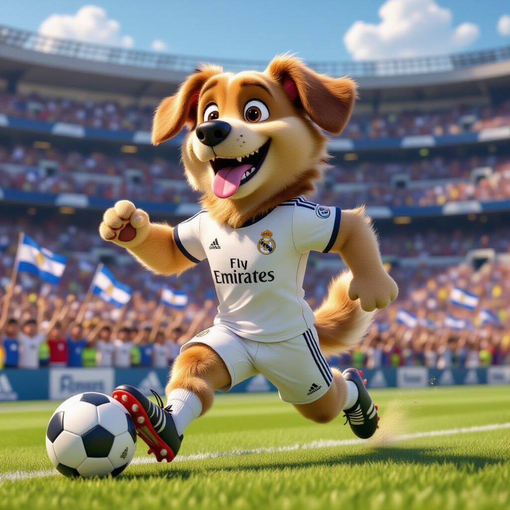 Cartoon Golden Retriever Plays Football in 3D Style