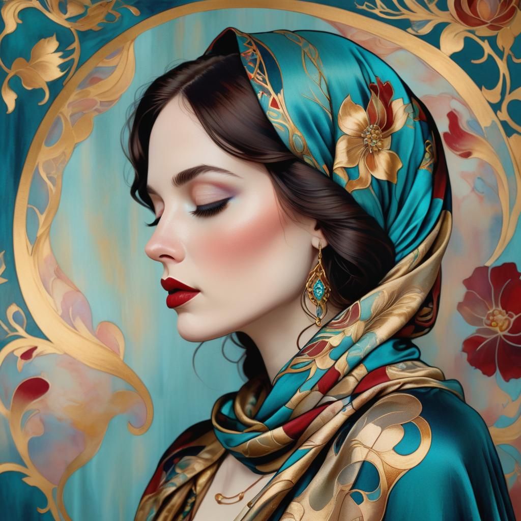 Elegant Woman in Art Nouveau Style Shawl