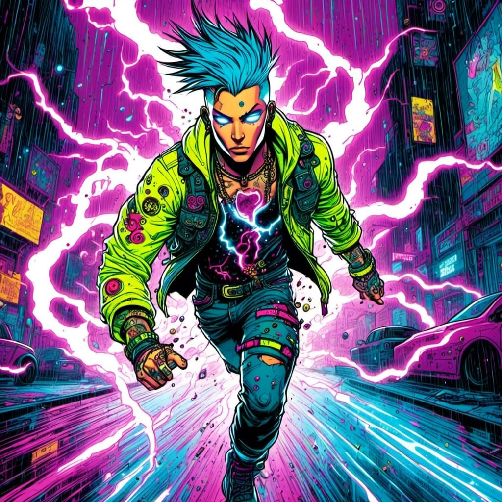 Cyberpunk Man Runs in Neon Lightning Storm