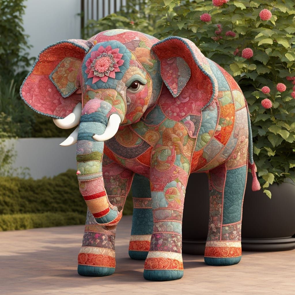 Whimsical Elephant in Vibrant Patchwork Garden