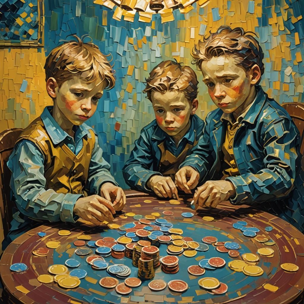 Kids at Poker Table in Neo-Impressionist Style
