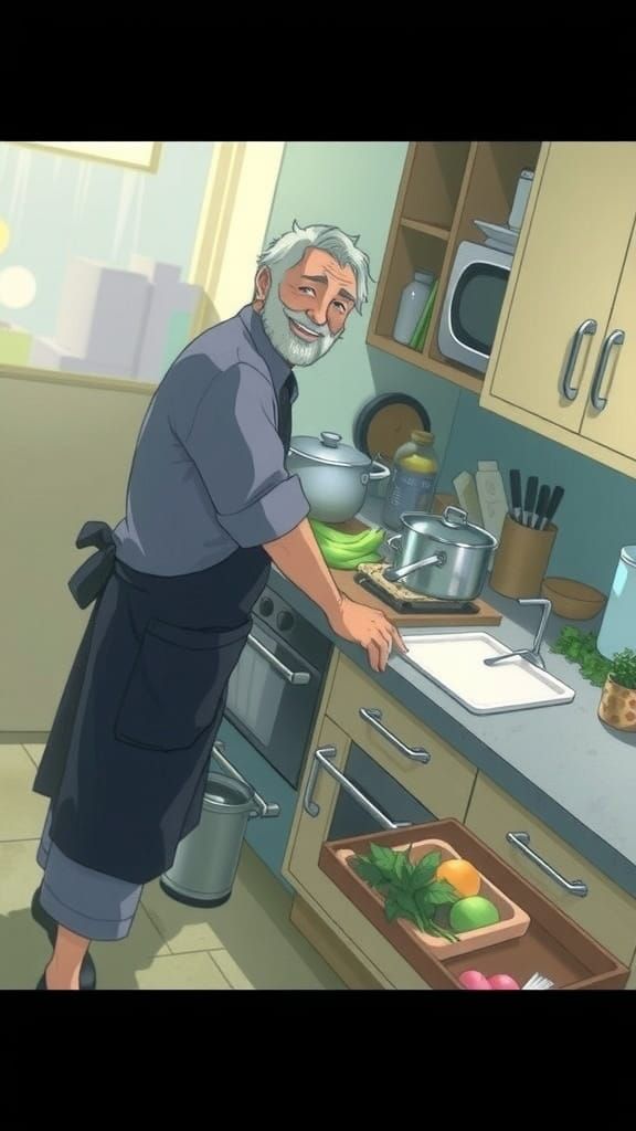 Cozy Kitchen Scene: Father Cooking in Anime Style
