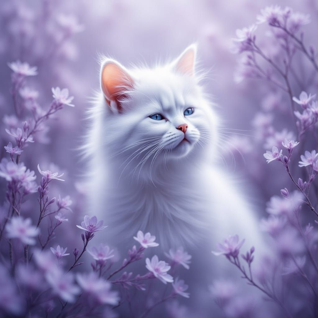Ethereal White Cat in Lavender Mist as Digital Art