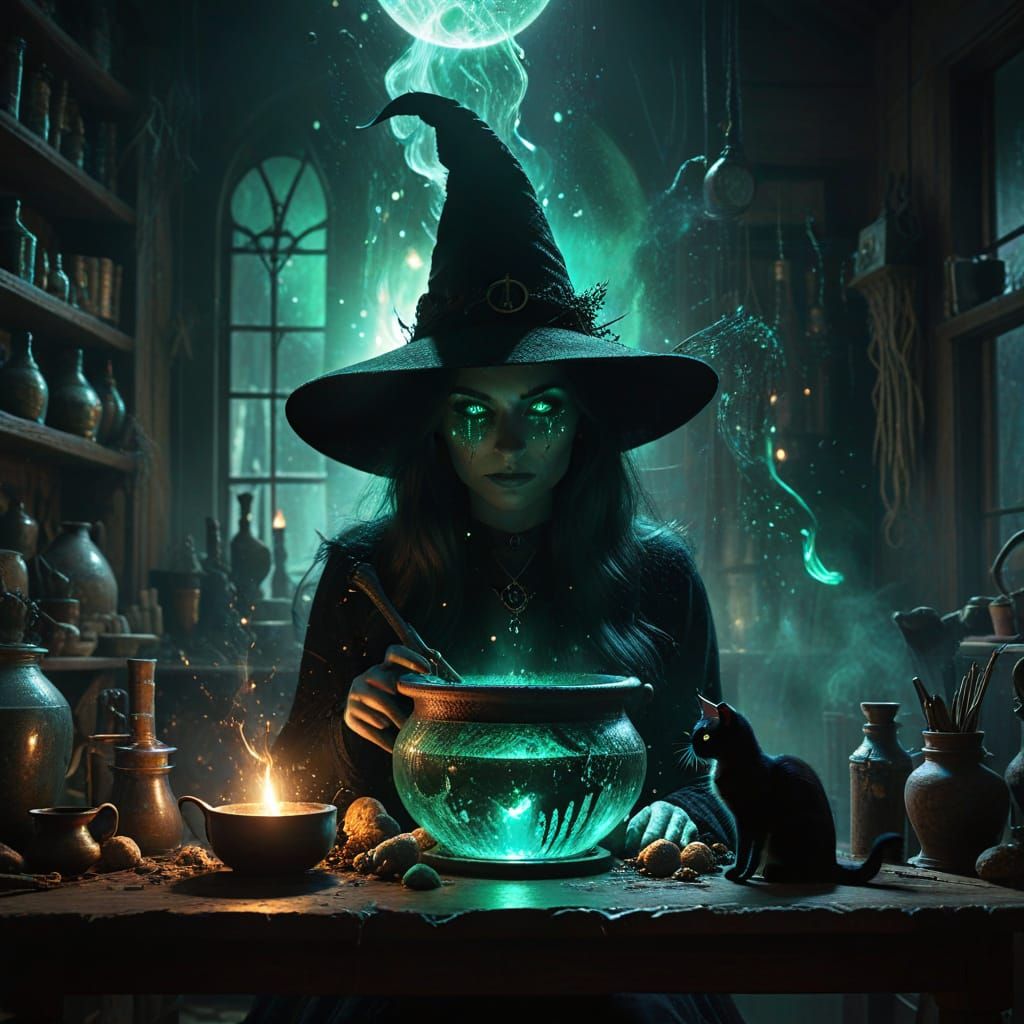 Dark Fantasy Witch and Cat Illustration