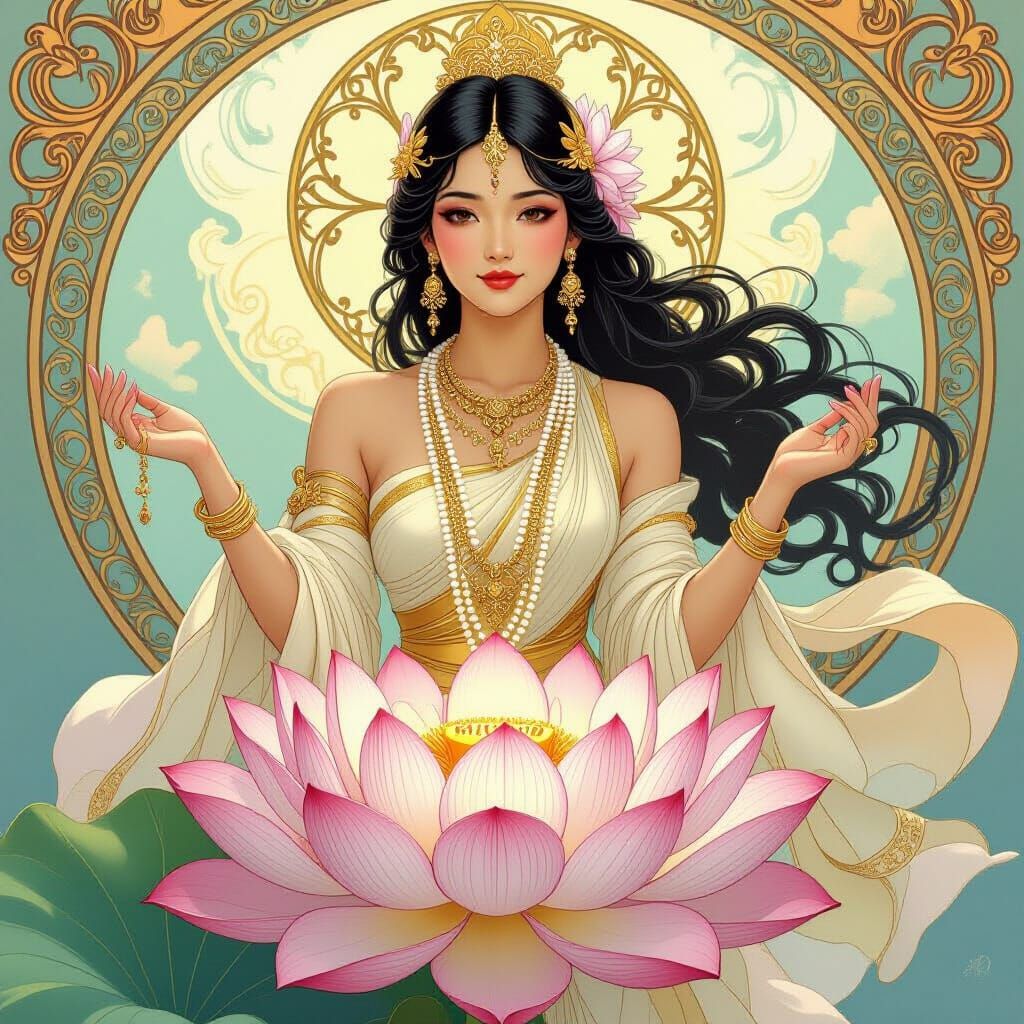 Indonesian Goddess Emerging from Lotus Flower, Art Nouveau