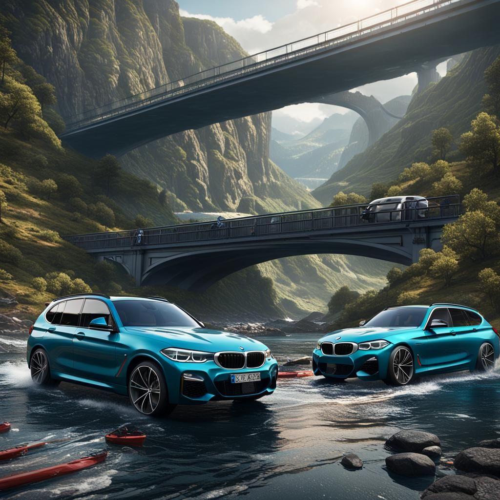 BMW Cars on Ship Passing Under Mountain Bridge
