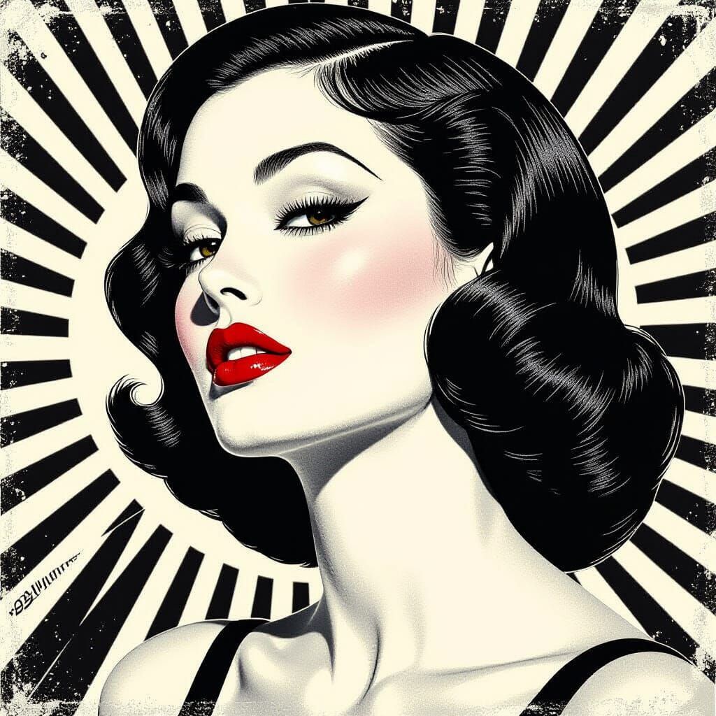 Vintage Halftone Portrait of Woman with Red Lips