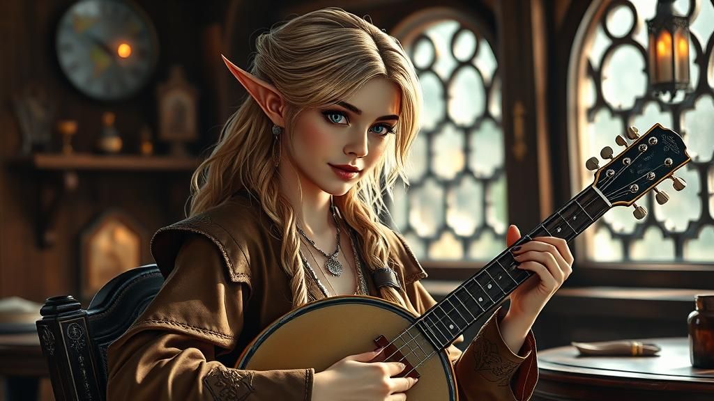 Elegant Elf Playing Banjo in Medieval Tavern
