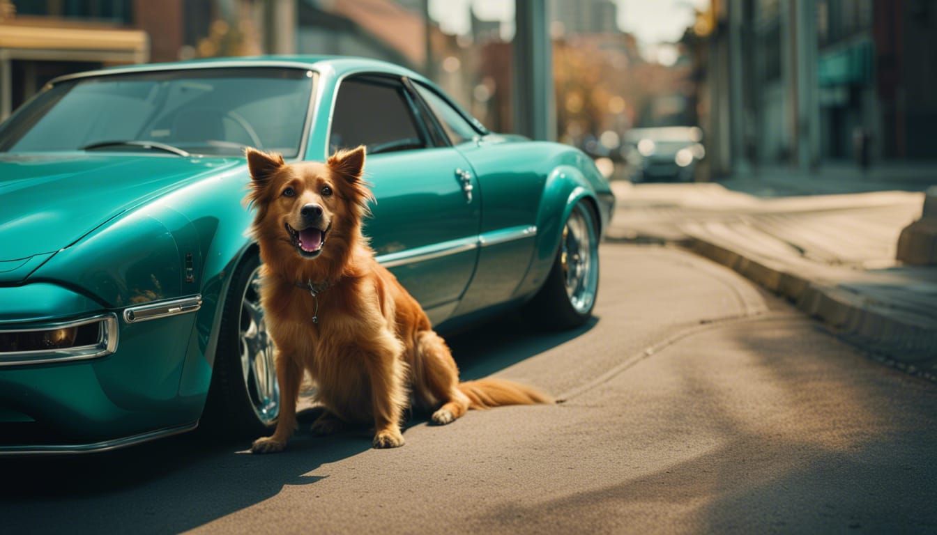 Golden Dog Driving a Teal Sports Car