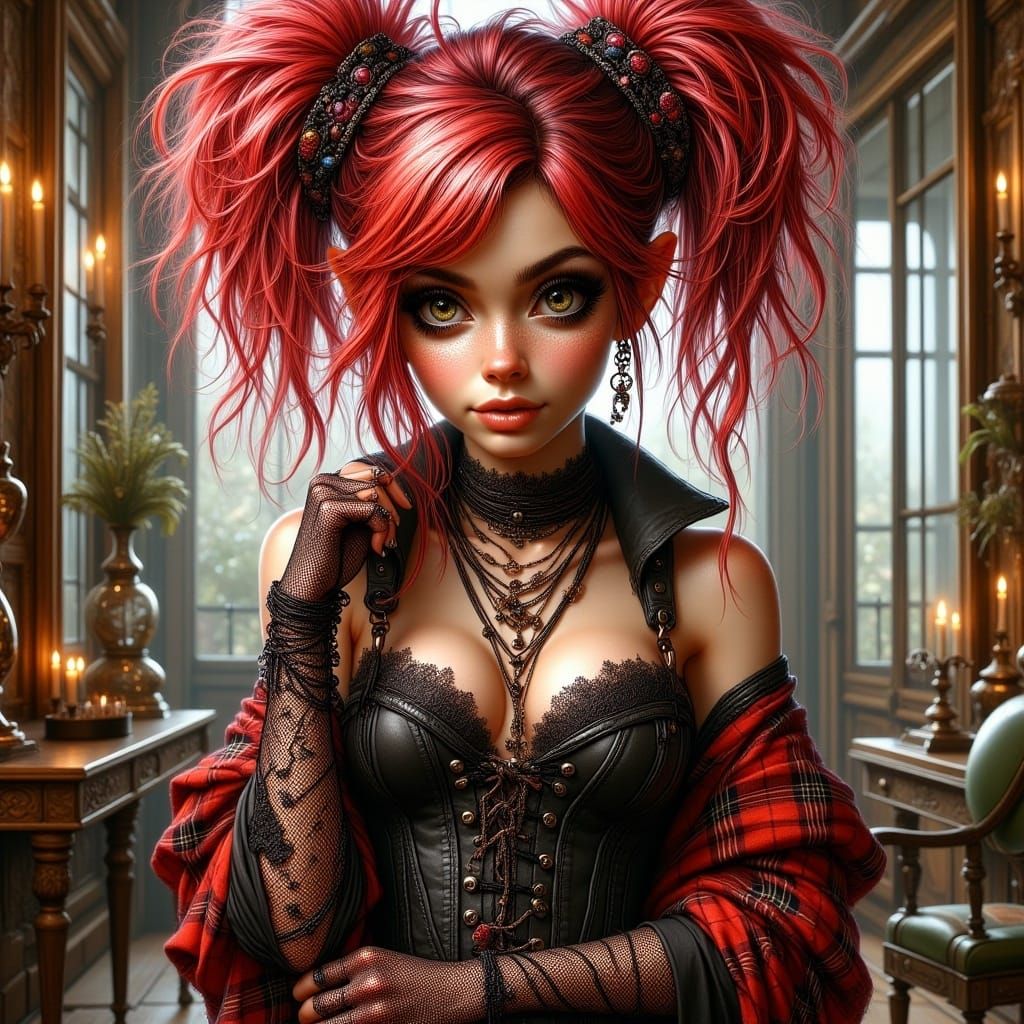 Crimson-Haired Pixie: Gothic Glamour in Cyberpunk Style