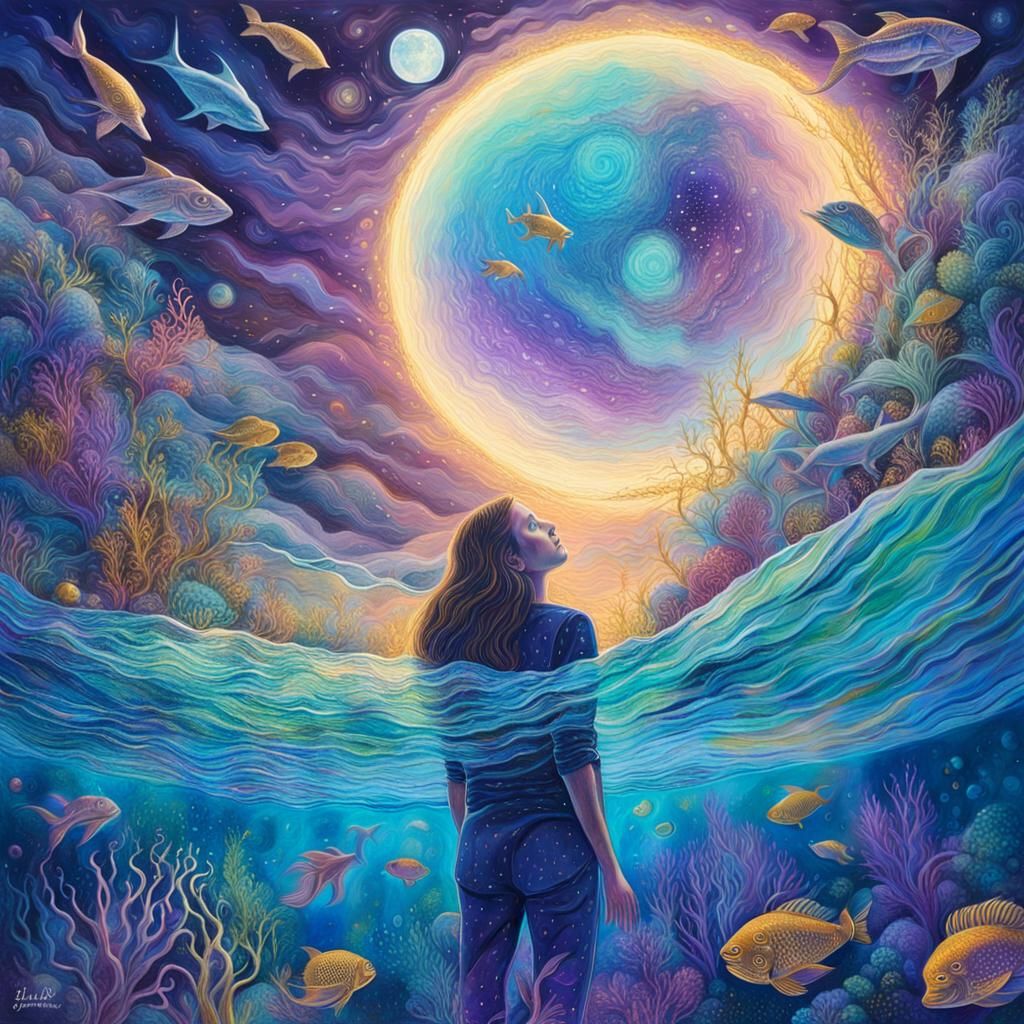 Underwater Moon Gaze: A Cosmic Mixed Media Illustration
