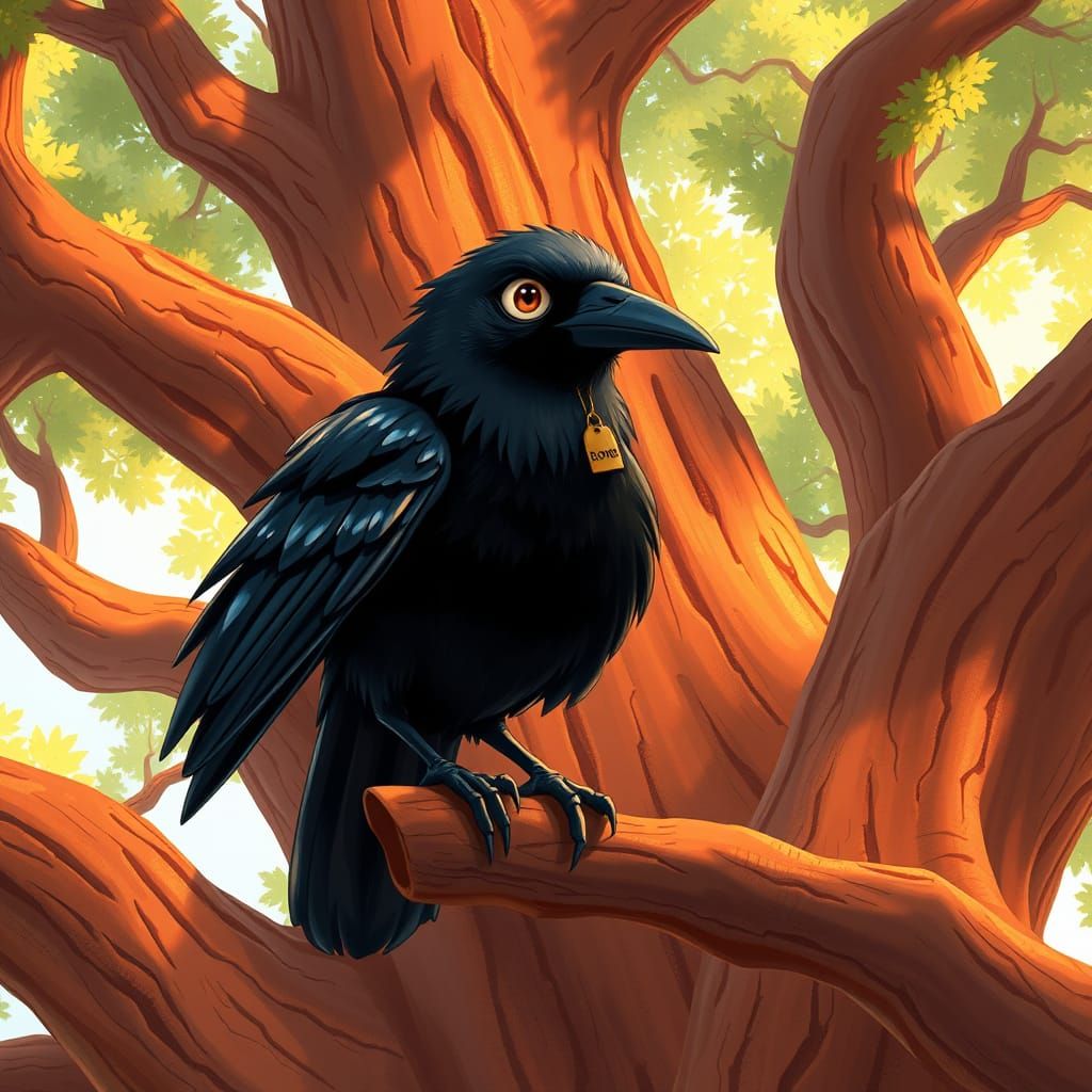 Loyal Crow Perches on Majestic Red Oak in Vibrant Storybook ...