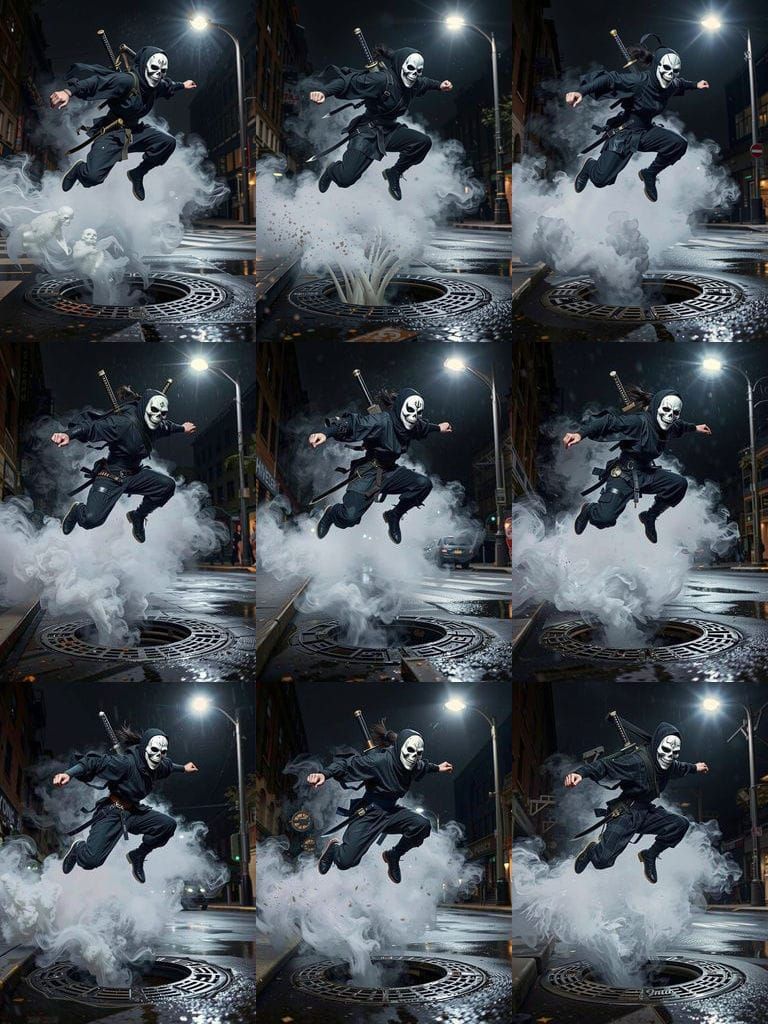 Female Ninja Explosively Leaping from Manhole at Night