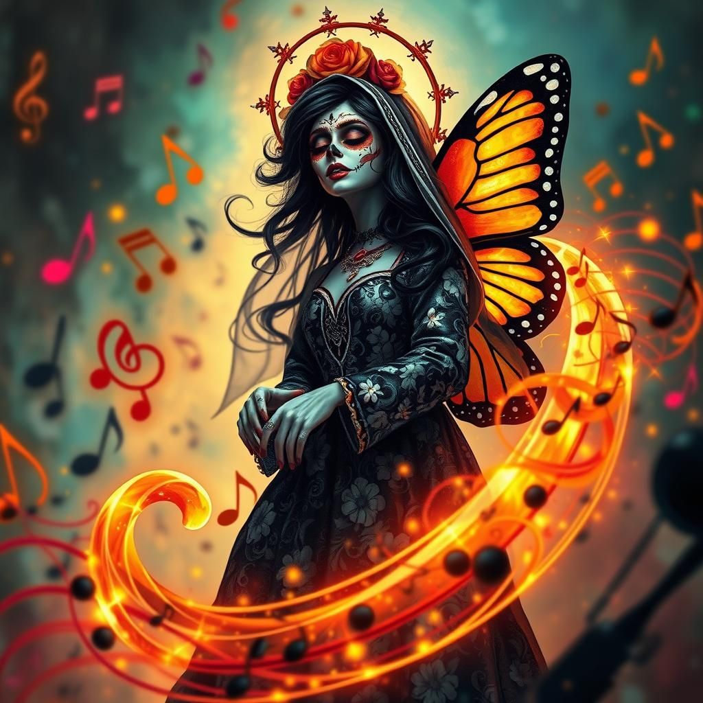 Santa Muerte's Jazz: Hyperrealistic Musical Scene in 8K